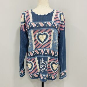 VINTAGE 90s Womens M Blue Granny Core Heart Patchwork Heavy Knit Sweater Cottage